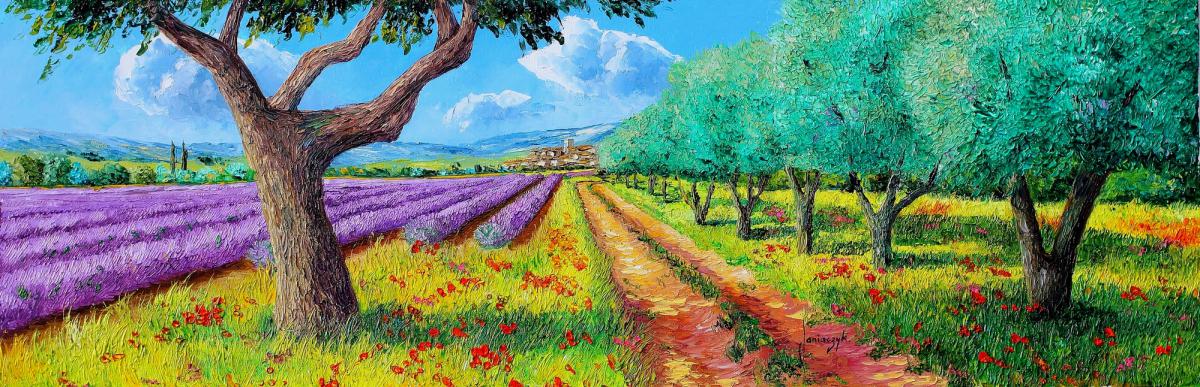 olive trees and lavender painting 30x90 cm
