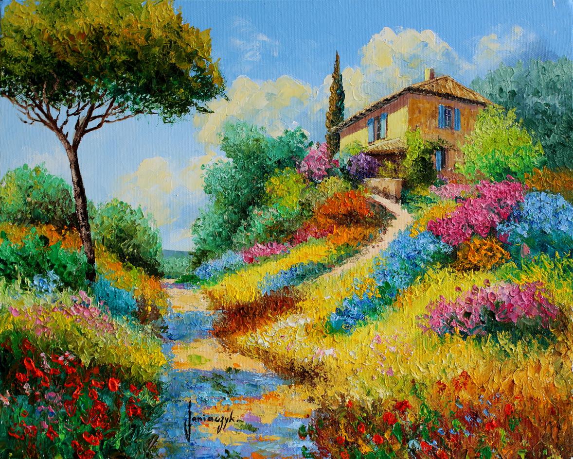 Perched house 33x41 cm La maison perchée Peinture provençale au couteau