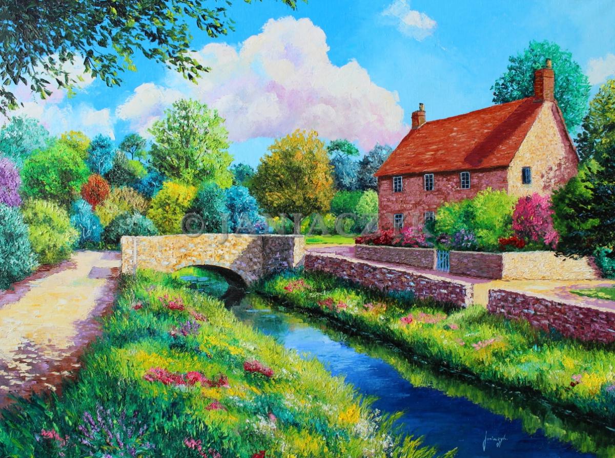 Jean-Marc Janiaczyk, palette knife painting. Stone bridge 92x73 cm